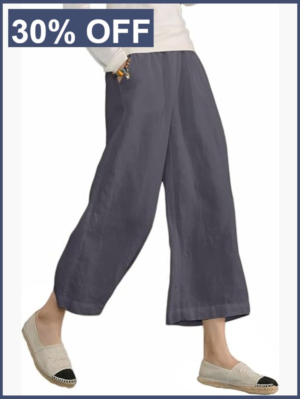 Cotton Cropped Wide Leg Pants Loose Fit Casual Plus Size Elastic Waist Trousers